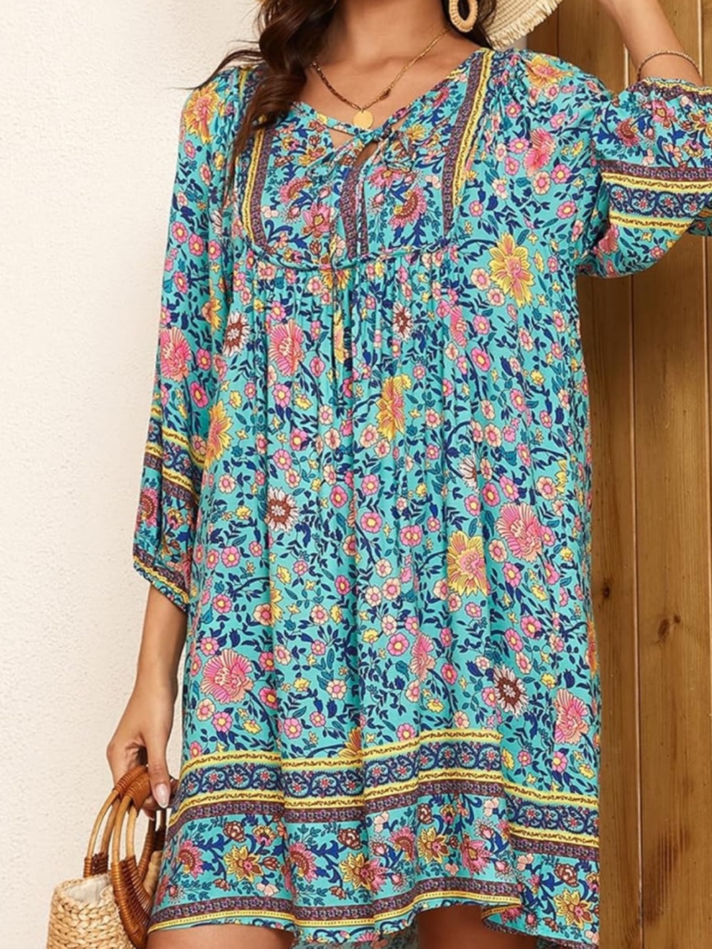Qearal Boho Floral Babydoll Dress XL V Neck 3/4 Sleeve